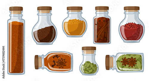 Spice jars arrayed in a collection filled with diverse seasonings and herbs