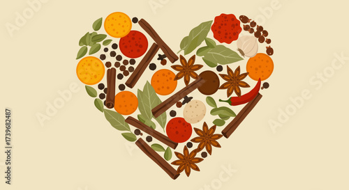 Spices are arranged into a heart shape on a beige background