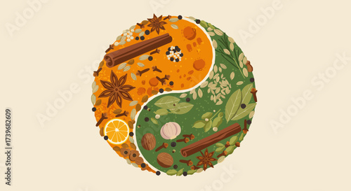 Stylized yinyang symbol composed of colorful culinary spices