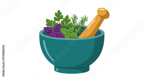 Teal mortar filled with basil parsley mint rosemary and a tan pestle