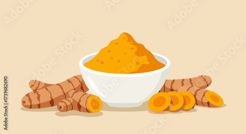 Turmeric powder in bowl with turmeric roots and slices on a tan surface