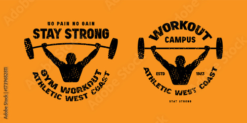 Set of emblems for gym. Graphic design for t-shirt. Black print on orange background