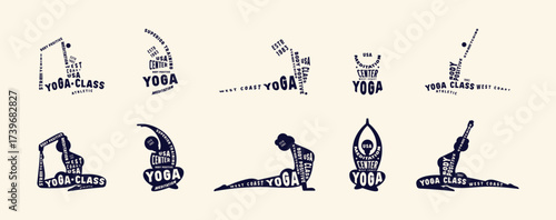 Labels set of body positive yoga class. Graphic design with typographic silhouettes of girls in asanas. Black print on white background