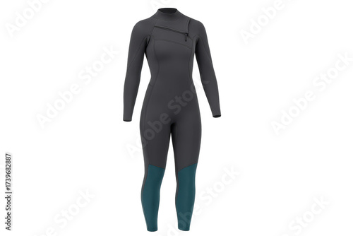 Black wetsuit with teal accents isolated on a transparent background, zipped