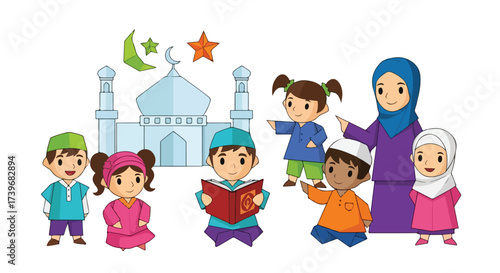 Happy Muslim Children Learning and Celebrating Islam with Mosque and Moon Symbols in Cartoon Style