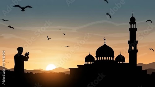 Silhouette of a Muslim Man Praying near a Mosque at Sunset.