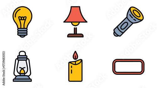 Vector Illustration of various light sources including a lightbulb, table lamp, flashlight, lantern, candle, and a blank light switch