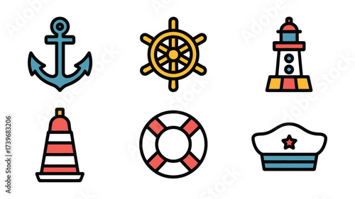 Vector art of nautical icons featuring an anchor, ship wheel, lighthouse, buoy, lifebuoy, and captains hat in a flat design