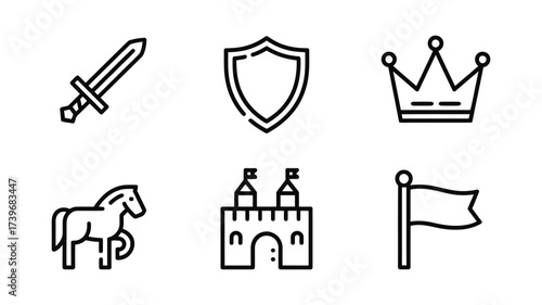 Vector art of medieval kingdom icons featuring sword, shield, crown, horse, castle, and flag in a simple, bold line style