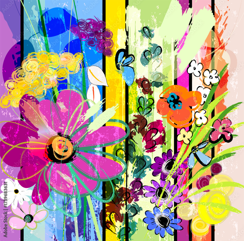 Fotobehang Abstract met Penseelstreken abstract background composition with flowers, with paint strokes, splashes and geometric lines #1739683631