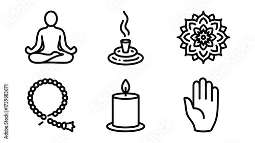 Vector art of spiritual symbols meditation pose, incense, mandala, prayer beads, candle, and hamsa hand in a minimalist style