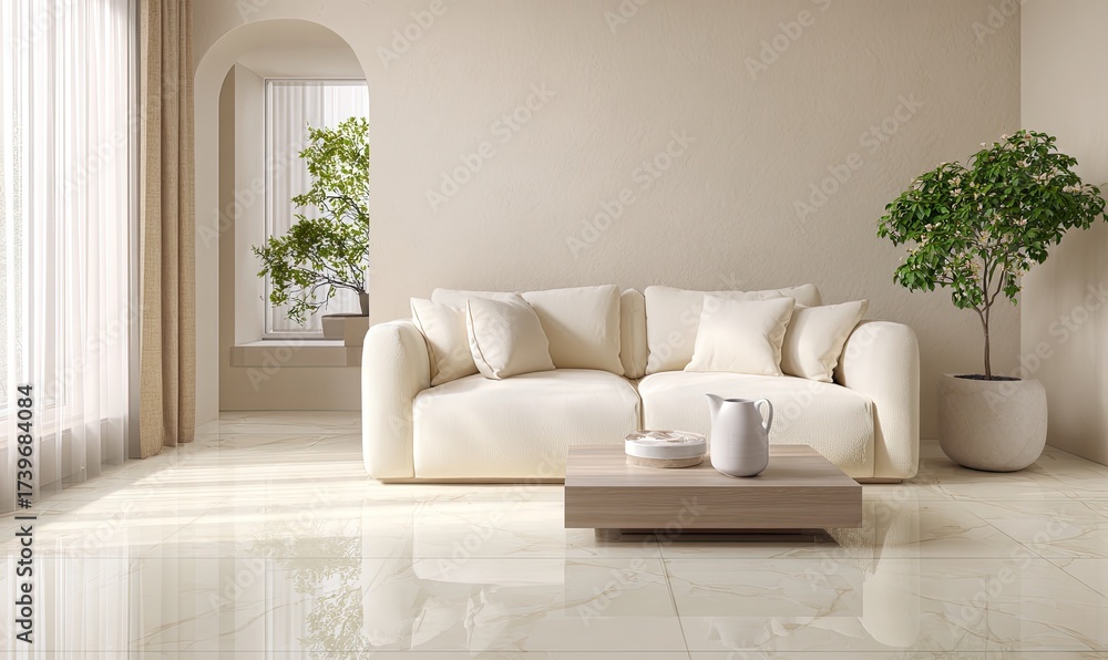 Naklejka premium Elegant beige living space with a sofa, wooden table, potted plants, and light-filled ambiance