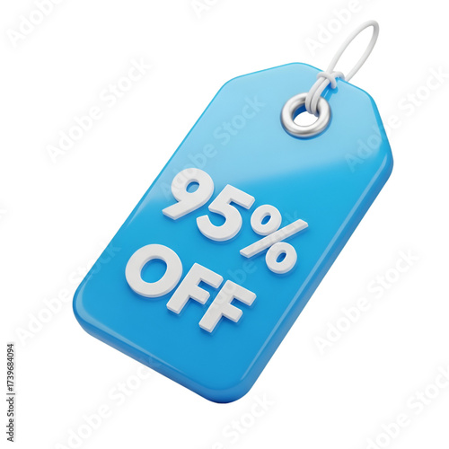 Blue price tag with 95 off text, isolated on transparent background