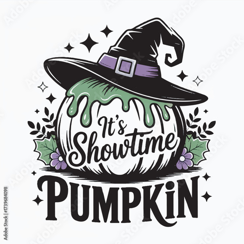 Witch hat on pumpkin with dripping slime and flowers