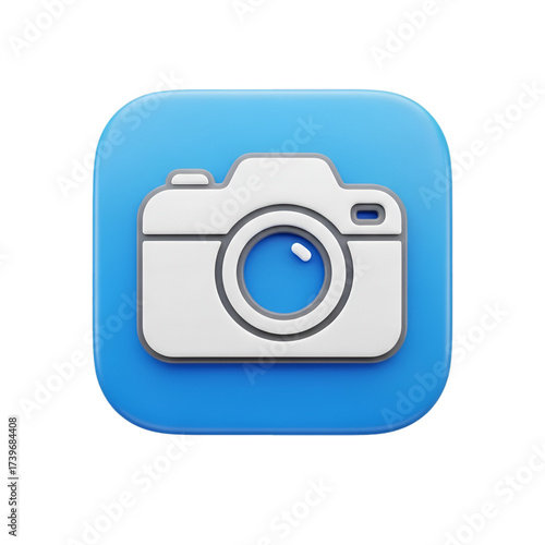Camera icon on blue square background, isolated on transparent background