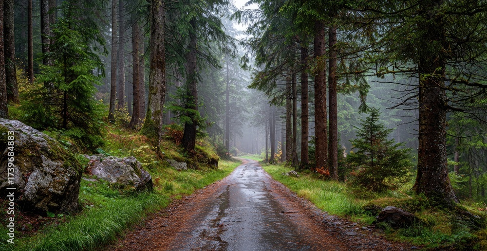 Fototapeta premium A serene forest path winds through tall evergreen trees, damp after rainfall