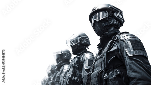 Group of armed tactical soldiers in black uniform with helmets and protective gear, special forces team military security concept on white background 