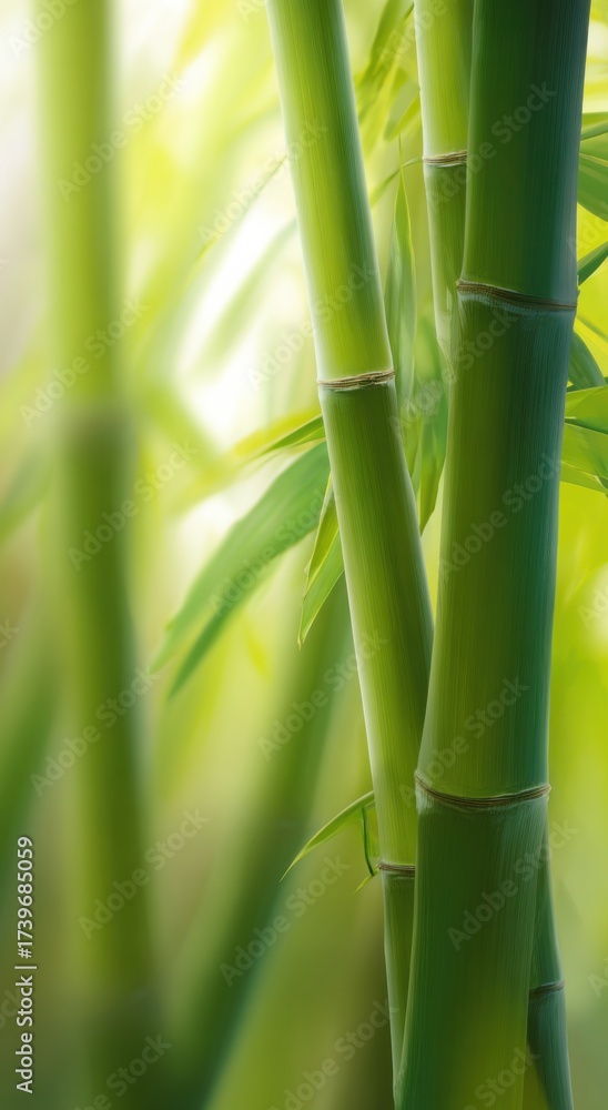 Obraz premium Bamboo sticks grow closely together, showcasing vibrant green hues and subtle brownish tones in a warm, sunlit environment. The surrounding foliage adds a serene touch.