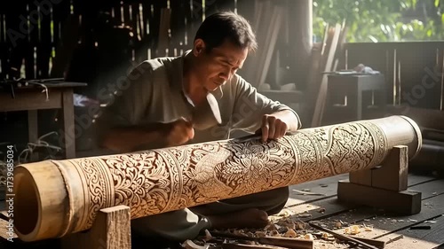 Skilled artisan meticulously carves intricate patterns into a large wooden log in a traditional workshop.