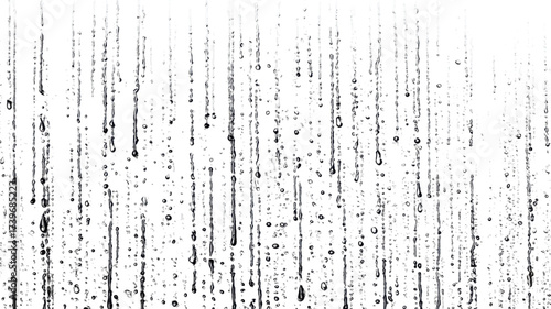 Raindrops running down clear glass window in rainy weather, water drops condensation background, storm nature pattern close up macro texture on white background 