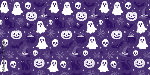 spooky season seamless pattern with ghosts, pumpkins, cats and other halloween elements on a purple background