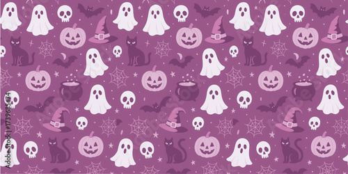 spooky season seamless pattern with ghosts, pumpkins, bats, cats, skulls, and witch hats on a purple background