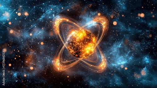 Atom illustration; orange rings orbit glowing center; blue nebula background
