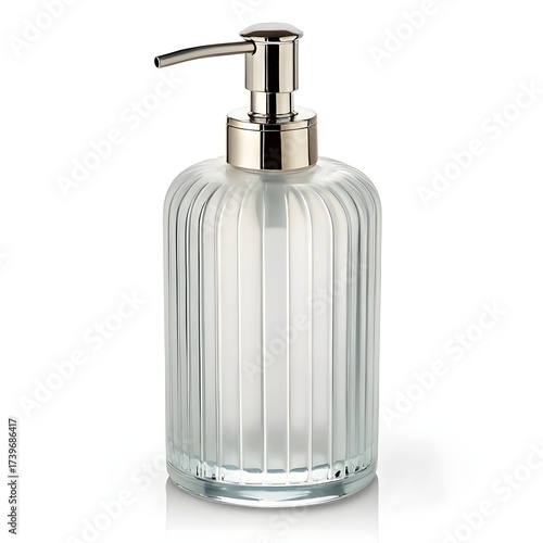 Elegant Frosted Glass Soap Dispenser with Chrome Pump Isolated on White Background
