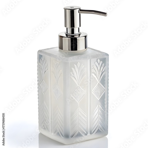 Elegant Frosted Glass Soap Dispenser with Chrome Pump Isolated on White Background