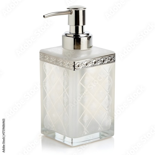 Elegant Frosted Glass Soap Dispenser with Chrome Pump Isolated on White Background