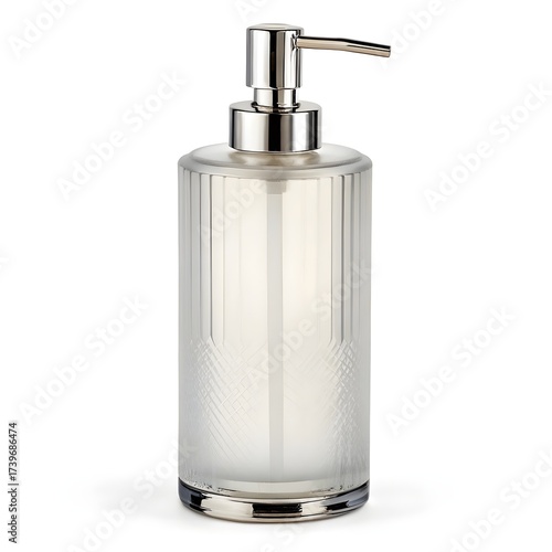 Elegant Frosted Glass Soap Dispenser with Chrome Pump Isolated on White Background