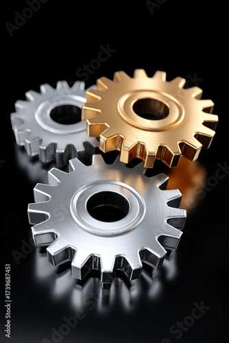 Metallic gears in silver, gold, and bronze colors reflecting light on a dark surface