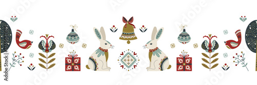 Seamless Christmas border with rabbits, bells and folk ornaments in Scandinavian style Cute festive vector illustration for holiday card, textile, wrapping and cozy seasonal decoration Winter ornament