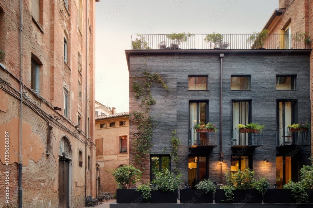 Fototapeta premium A contemporary structure adorned with lush greenery stands out amidst a historic urban backdrop, illuminated by the warm hues of golden hour in a lively city