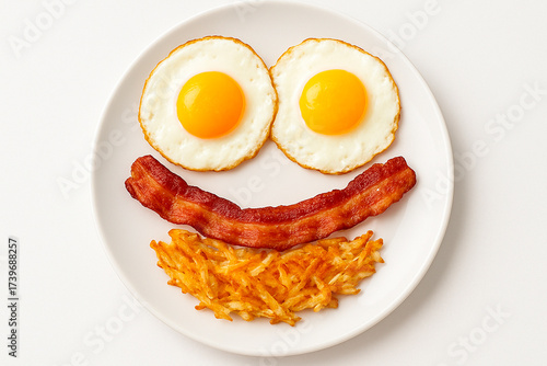 Happy American Breakfast – Bacon and Eggs with a Smile. Generative AI.