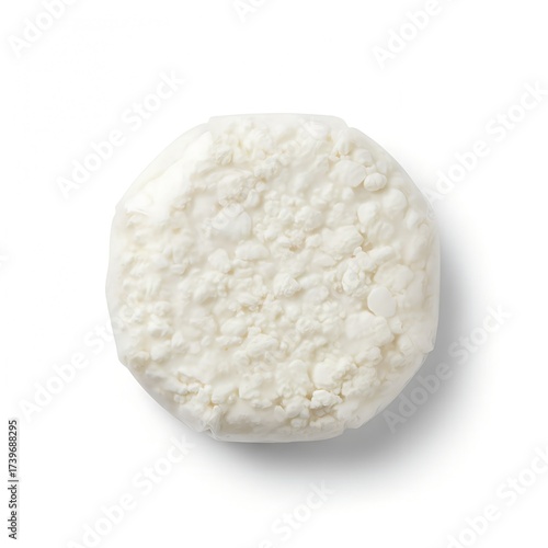 
granular curd cheese in a white round transparent paper package