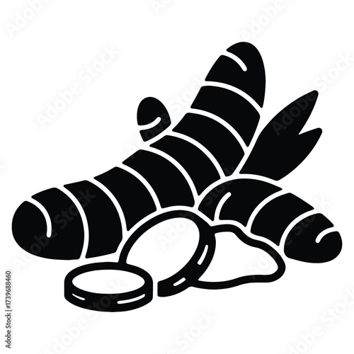 Black and white turmeric root illustration with slices for food concepts