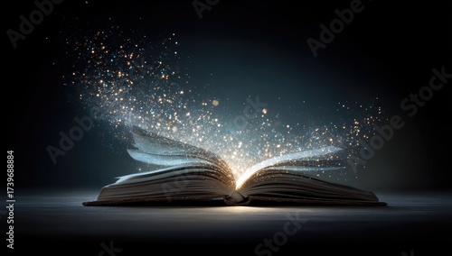 An opened book with glowing light and sparkles emanating from its pages on a dark background