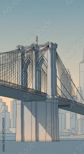 Stylized Bridge Illustration with City Skyline at Sunset