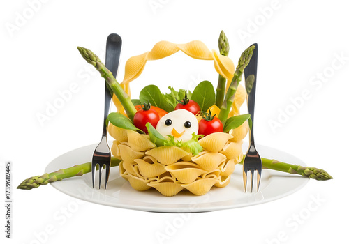 Easter chick made from food in a pasta basket with asparagus and tomatoes, isolated on transparent background