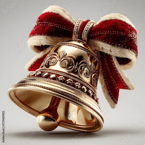3D isolated christmas bell golden metallic with red ribbon