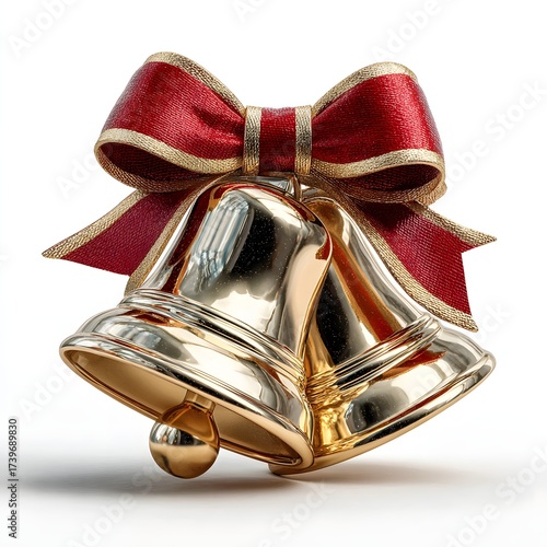 3D isolated christmas bell golden metallic with red ribbon