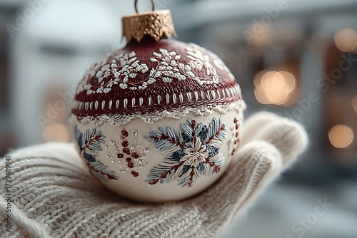 Realistic closeup photo of hand holding christmas ornament ball