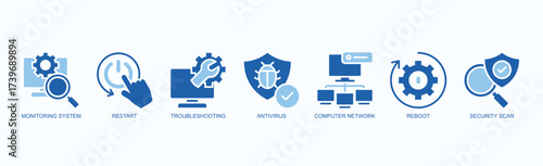 System Pulse Icon Set Isolated Vector With Icon Of Monitoring System, Restart, Troubleshooting, Antivirus, Computer Network, Reboot, Security Scan In Two Color Glyph Style