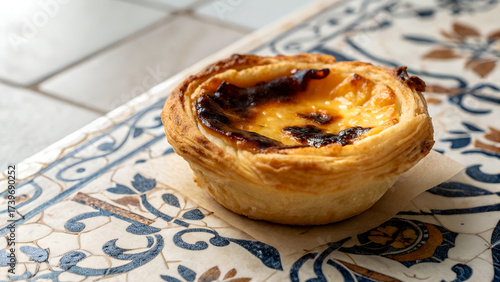 Wallpaper Mural Pastel de Nata Portuguese custard tart with a caramelized top, resting on a traditional blue, white Azulejo tile. flaky pastry and the rich texture of the custard, travel content, bakery Torontodigital.ca