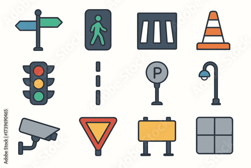 Collection of traffic and road signs with signal lights and surveillance camera