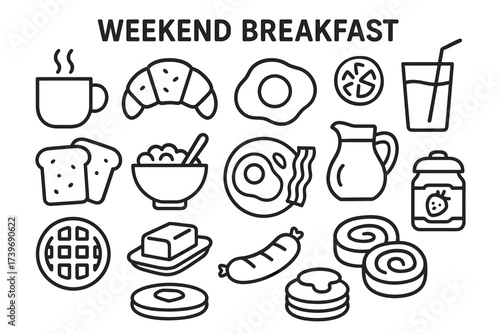 Weekend breakfast icons: coffee, eggs, pancakes, juice, croissants, sausage