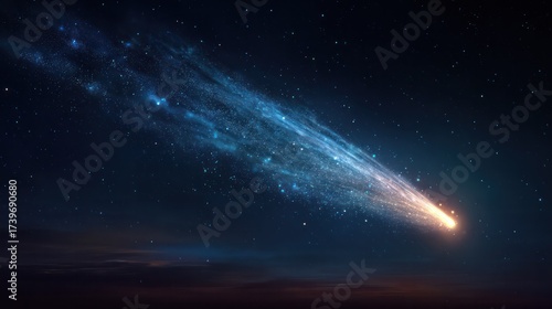 Stunning long exposure photograph captu a bright comet streaking across the night sky with stars and cosmic dust in the background, showcasing celestial beauty
