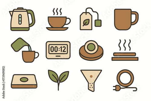 Tea icons: kettle, cup, teabag, mug, timer, leaves, infuser, coaster, sandwich, brewing tools