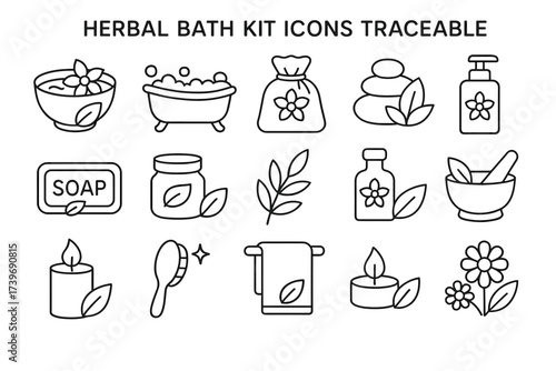 Herbal bath kit icons including soap, towels, oils, and candles for relaxation and wellness